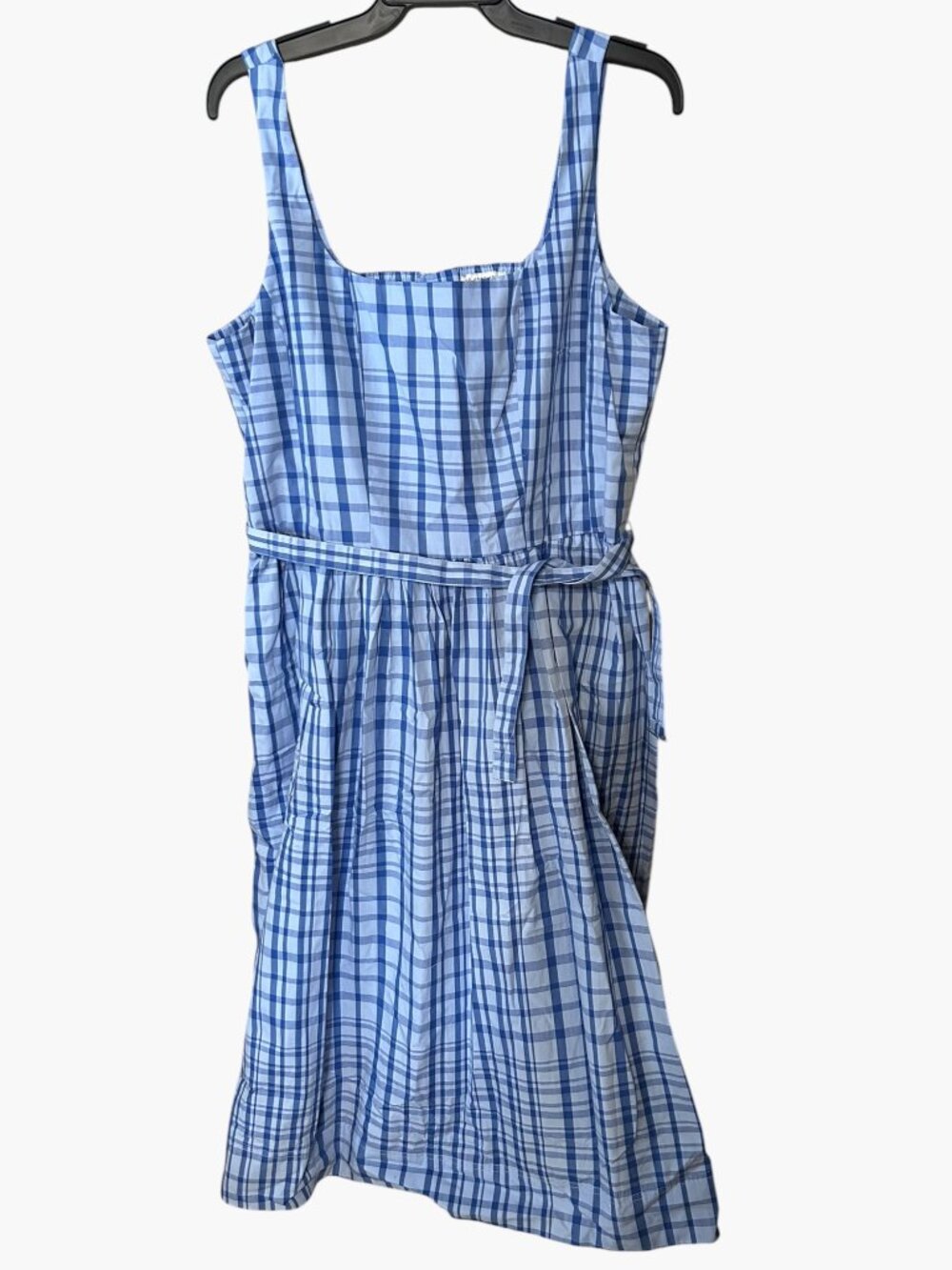 Free Assembly Blue Plaid Sleeveless Sundress Belted Pockets 100% Cotton XL